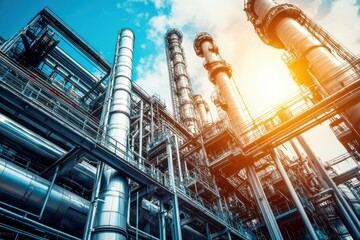Modern Industrial Facility with Tall Metal Pipelines and Power Towers Under a Bright Blue Sky and Sunlight, Representing Advanced Engineering and Technology