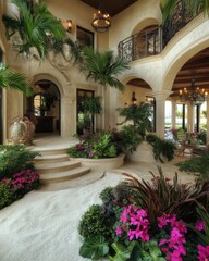 Luxurious Mediterranean Interior Courtyard with Tropical Plants and Sand Garden