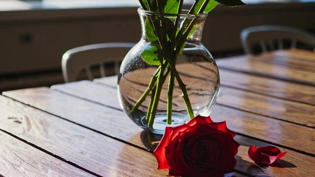 Red Roses with Scattered Petal on Wooden Table. Poignant Beauty of Red Roses for Valentine&rsquo;s Day.