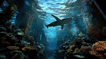 A shark glides gracefully through deep blue waters, surrounded by vibrant coral reefs and sunlit underwater ruins.