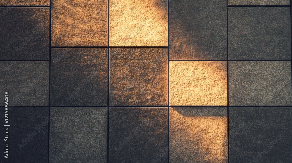 Poster a close-up view of textured tiles arranged in a grid, illuminated by soft light, showcasing varying 