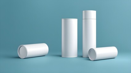 Three blank white cylindrical cans on a teal background, perfect for product packaging mockups.