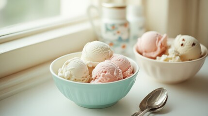 Delicate pastel ice cream scoops rest in ceramic bowls by a bright window, evoking sweet memories and inviting a moment of indulgence.