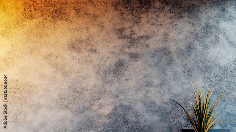 Poster a textured wall with a gradient of warm and cool tones, featuring a small plant in the foreground, c