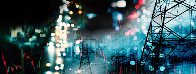stock market business and electric pole energy industry with city night banner background