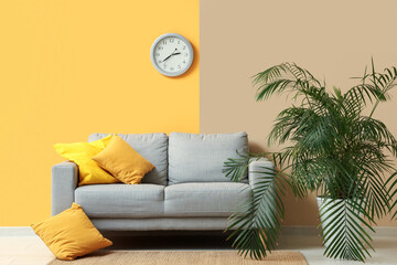 Stylish living room with cozy sofa, houseplant and clock on yellow wall