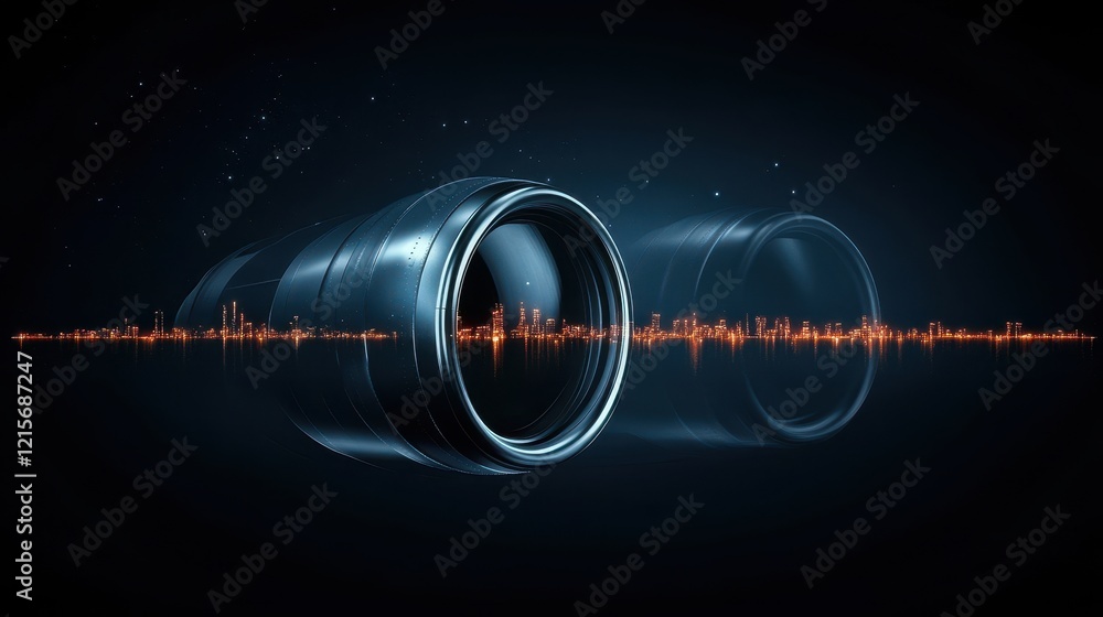 Poster a sleek camera lens design set against a dark background, featuring a dynamic audio wave pattern, bl