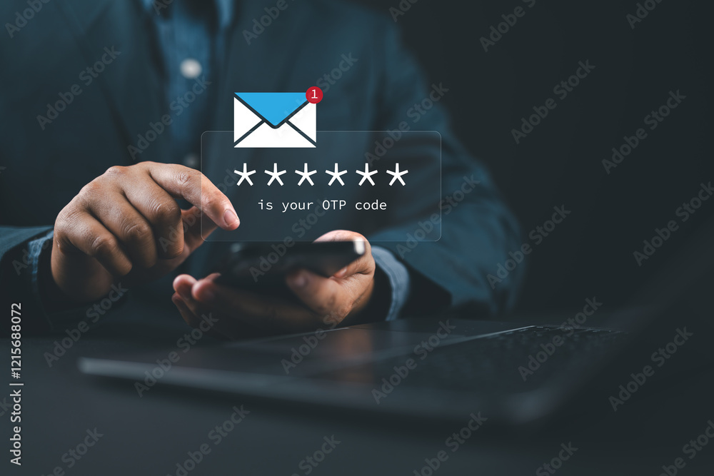 Fototapete Man receiving an OTP code through a message on their smartphone, ready to use for secure login. cyber security, data protection and secured internet access.