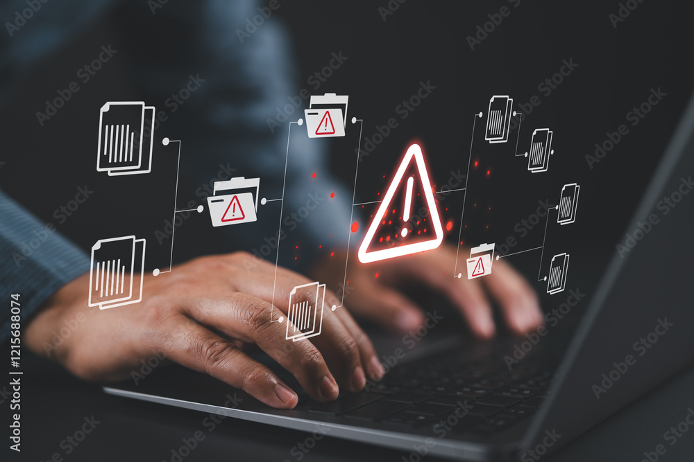 Leinwandbilder Warning alert icon with a hacked document system.Man typing on a keyboard with a red cybersecurity threat alert, surrounded by digital files and documents.