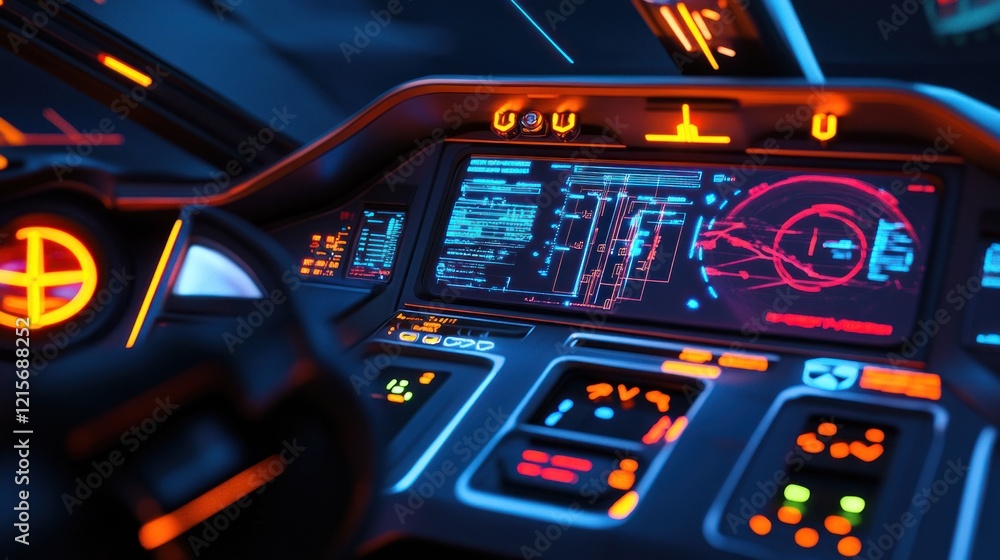 Poster futuristic cockpit interface: a cyberpunk-style vehicle dashboard displaying advanced technology and