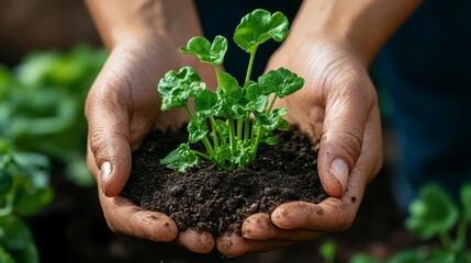 Fototapeta premium Hands holding a young plant with soil, showcasing growth in a lush garden setting