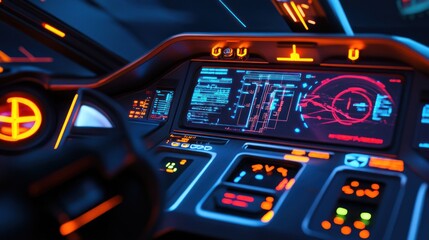 Futuristic Cockpit Interface:  A Cyberpunk-Style Vehicle Dashboard Displaying Advanced Technology and Neon Lights