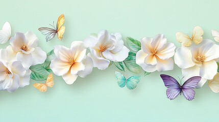 Elegant Floral Border with Butterflies Delicate White Magnolia Blossoms and Pastel Butterflies on