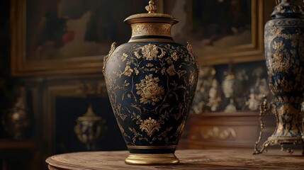 Ornate vase on table in antique room with paintings