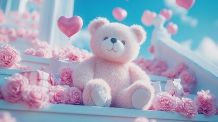 Fototapeta premium Romantic Teddy Bear, Pink Roses, Balloons, Gifts, Valentine s Day Decor on White Steps