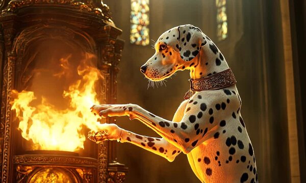 Playful Dalmatian Dog in a Mystic Scene with Flames, Captivating Light, and Warm Ambiance, Evoking a Sense of Wonder and Adventure in an Enchanting Setting with ai generated.