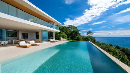 Stylish pool area surrounded by clear skies and tropical views.