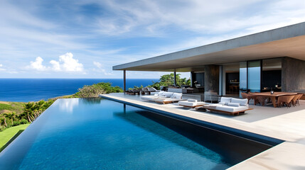 Fototapeta premium Stunning infinity pool overlooking the serene landscape and ocean.