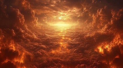 Fiery sunset above cloudscape, aerial view