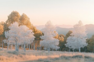 Fototapeta premium Serene Sunset Landscape with White Trees and Golden Hills