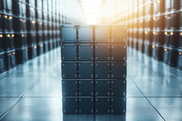 3D rendered visualization of data storage units in a modern digital analytics facility