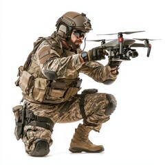 Fototapeta premium Special Forces Operative Deploying Drone in Tactical Military Gear