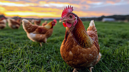 Fototapeta premium Majestic Hen in a Golden Sunrise: A Serene Farm Scene