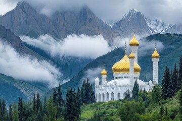 Fototapeta premium Majestic Mountain Mosque Golden Domes Scenic Landscape