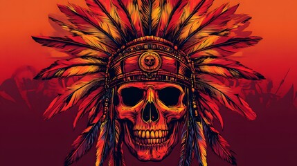 Fiery Skull Adorned in a Native American Headdress