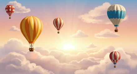 Obraz premium Hot air balloons, sky scene, pastel colors, dreamy atmosphere, sunset clouds, whimsical, peaceful, floating, magical, ethereal, serene landscape, gentle gradients, soft lighting, romantic, adventure, 