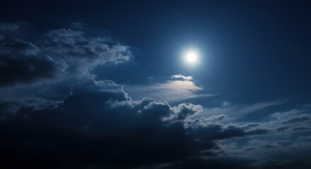 Fototapeta premium night sky, full moon, dramatic clouds, moonlight, ethereal atmosphere, celestial scene, dark blue hues, wispy clouds, starry background, moody lighting, atmospheric, serene landscape, mystical ambianc
