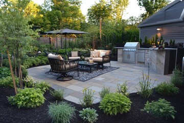 Fototapeta premium Modern Outdoor Living Space with Striking Design and Luxurious Accents for Relaxation, Entertaining, and Editorial Use