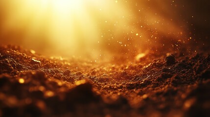 Golden sunlight on rich soil, particles floating, background blurred, nature backdrop