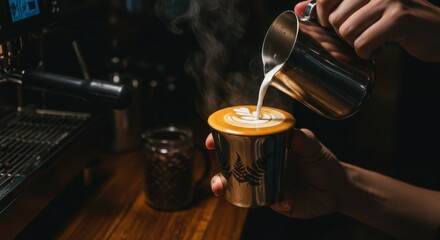 Naklejka premium Barista pouring latte art, steaming milk pitcher, espresso machine, dark coffee shop ambiance, rich brown tones, close-up shot, skilled hands, artisanal coffee making, moody lighting, vintage wooden c