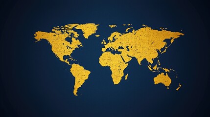 Golden World Map on Dark Blue Background