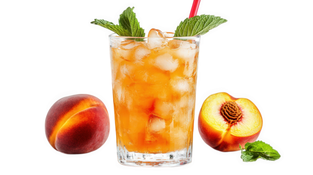 refreshing beverage in a clear glass filled with ice. garnished with mint leaves and a red straw. alongside two ripe peaches?one whole and one sliced this composition suggests a summer drink. ideal fo