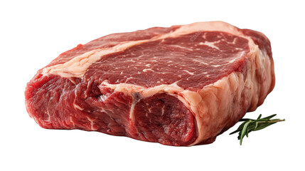 raw piece of marbled beef steak. showcasing its rich red color and visible fat marbling. suggesting high quality and flavor a sprig of rosemary is placed alongside. indicating potential culinary use o