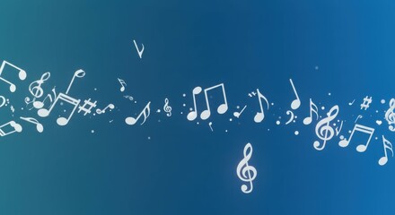 Musical notes, flowing, floating, ethereal, treble clef, sheet music, melody, blue background, white musical symbols, dynamic composition, swirling pattern, abstract music visualization, harmony, rhyt