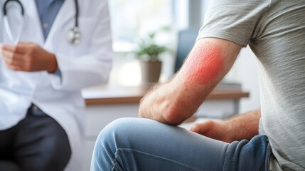 Fototapeta premium Patient with Red Rash on Arm Consulting Doctor