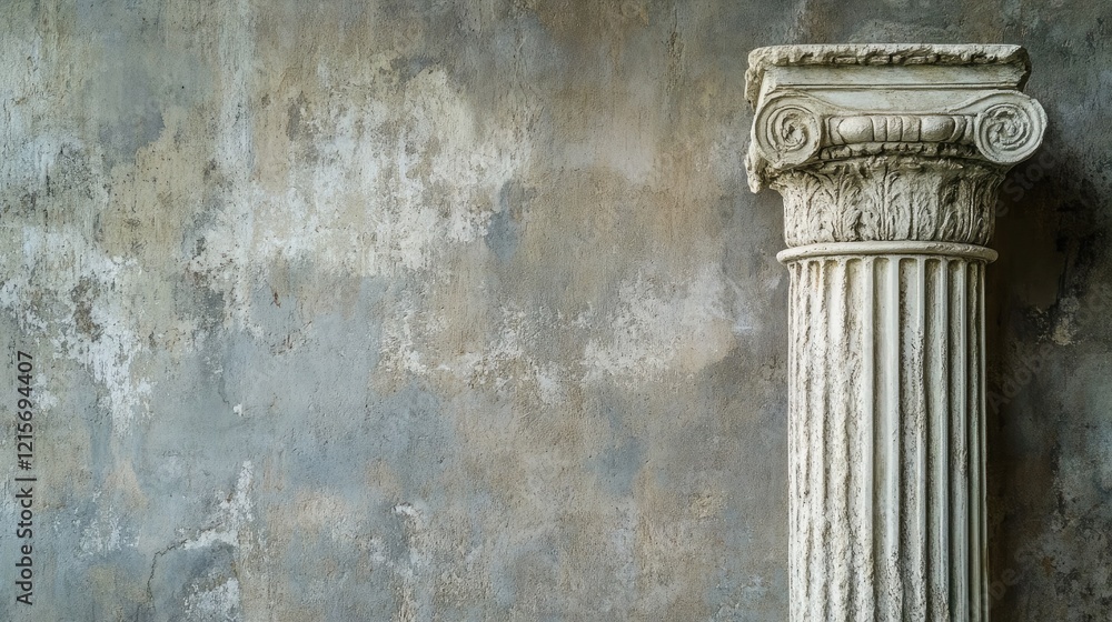 Poster ancient architectural column against a textured wall with copy space for text insertion