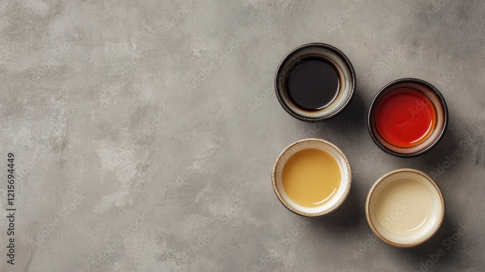 Poster various small bowls containing different sauces on a textured gray background with copy space