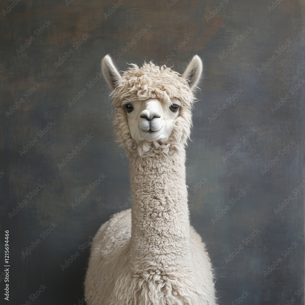 Poster close-up portrait of a fluffy alpaca against a textured gray background with copy space for text