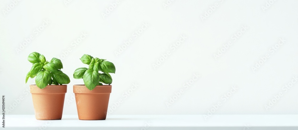 Poster two potted basil plants on a white background with ample copy space for text placement.