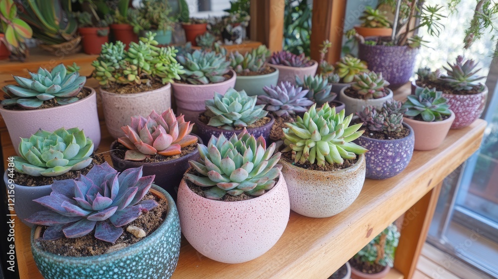 Poster diverse collection of vibrant succulents in decorative pots displayed on a wooden shelf with ample c