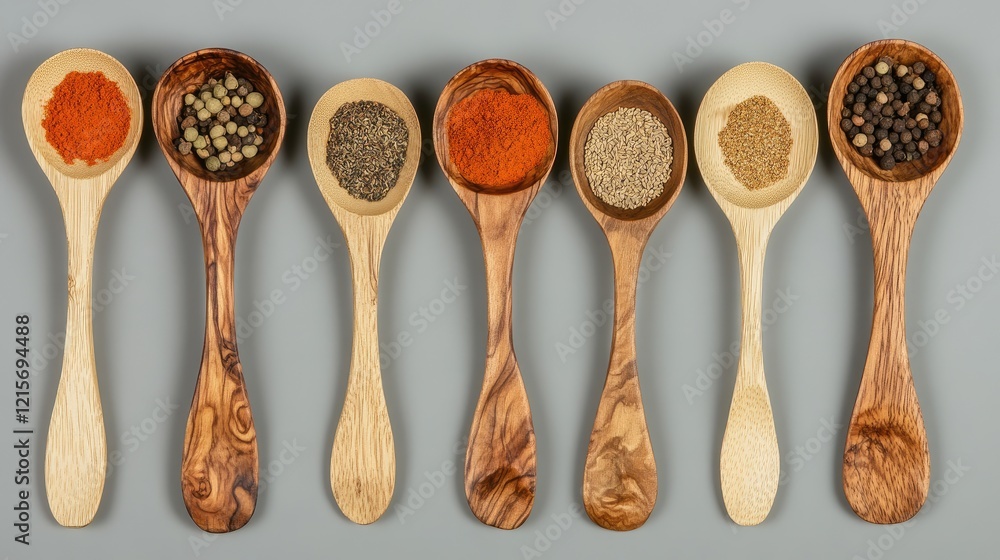 Poster variety of spices displayed in wooden spoons arranged in a row on a gray background with copy space 