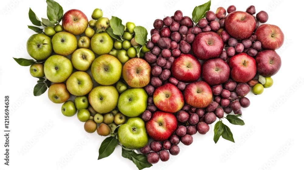 Poster heart-shaped arrangement of green and red apples with grapes and leaves on a white background with c