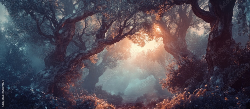 Poster mysterious foggy forest with illuminated trees and soft light rays creating a mystical atmosphere co