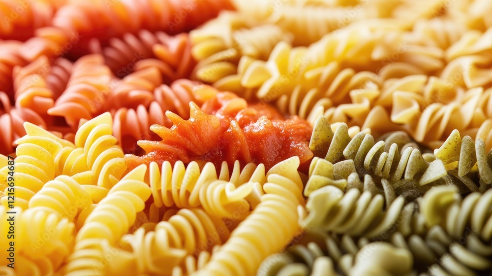 Poster colorful varieties of uncooked spiral pasta arranged in a close-up pattern with copy space for text 