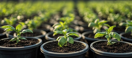 Young plants in black pots arranged in rows in a greenhouse with a focus on vibrant green leaves and rich soil Copy Space