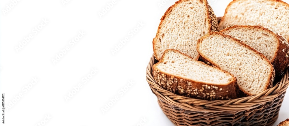 Poster sliced whole grain bread in a wicker basket with copy space for text or design elements